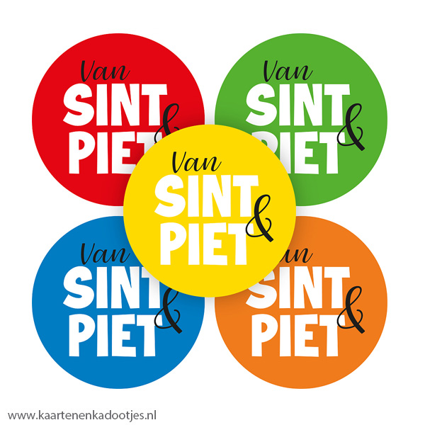 5 Stickers rond 35 mm van Sint & Piet rood/blauw/geel/groen/oranje
