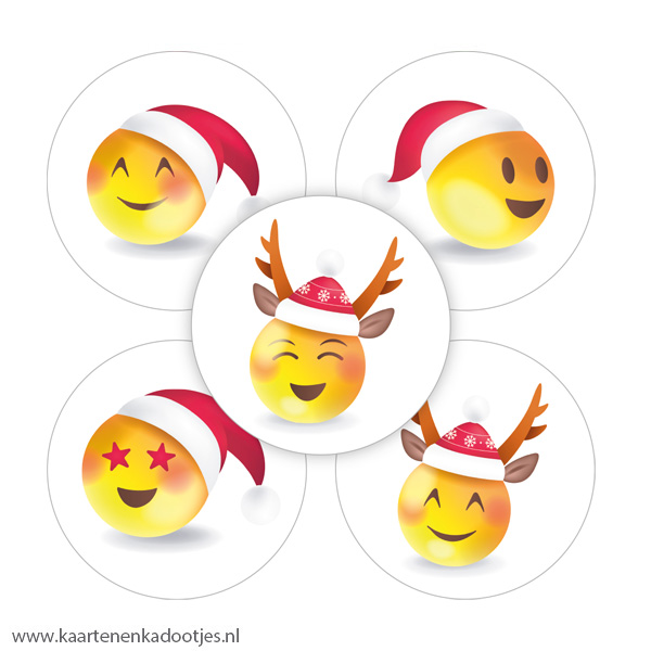 5 Stickers rond 35 mm kerst smiley assorti